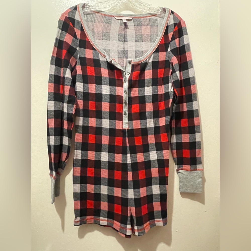 Victoria's Secret Women’s Plaid Pajama Romper- Red, Black, and Gray